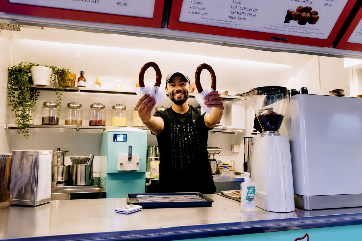A Gatto's team member handing over two churros across the counter