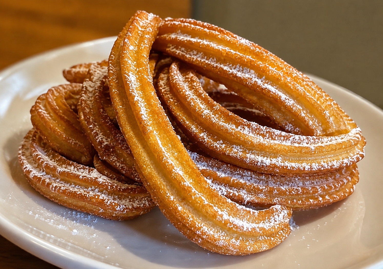 A plate of freshly fried churros dusted with sugar