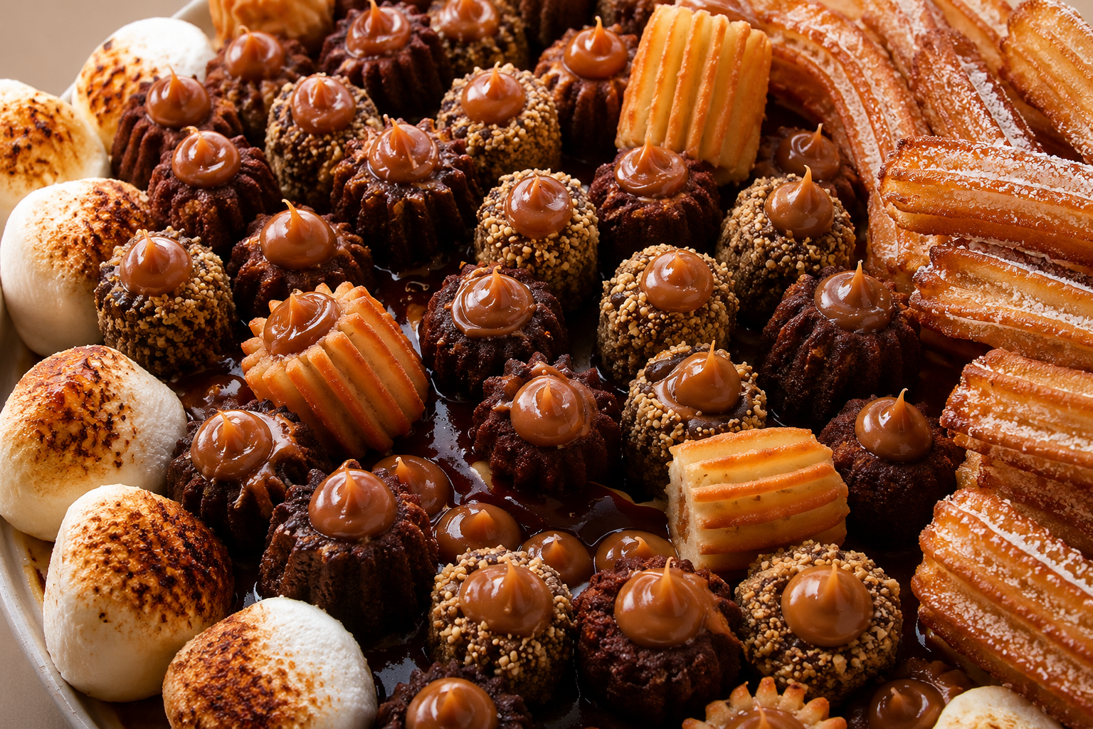 A packed tray of churros, dulce de leche bites and toasted marshmallows
