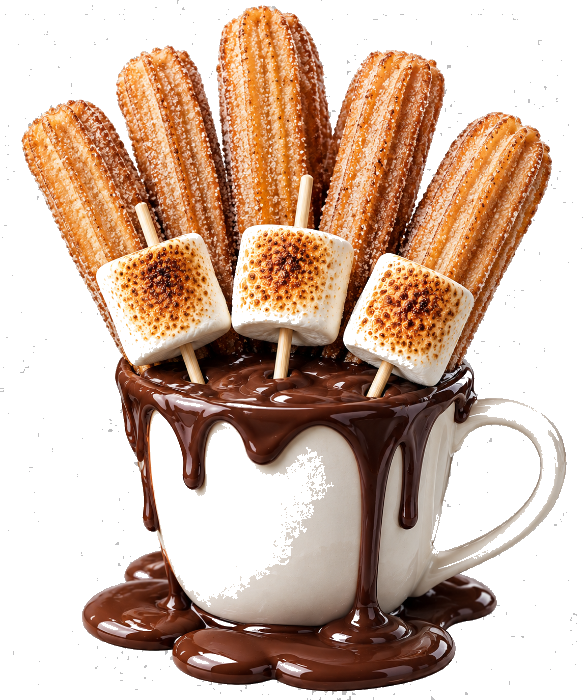 Churro fondue with melted chocolate and marshmallows